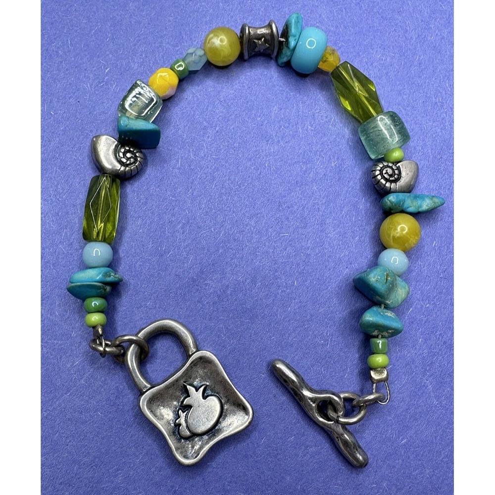 Danon Bracelet Turquoise Bead Shells Green Glass Beach Contemporary Silver Plate